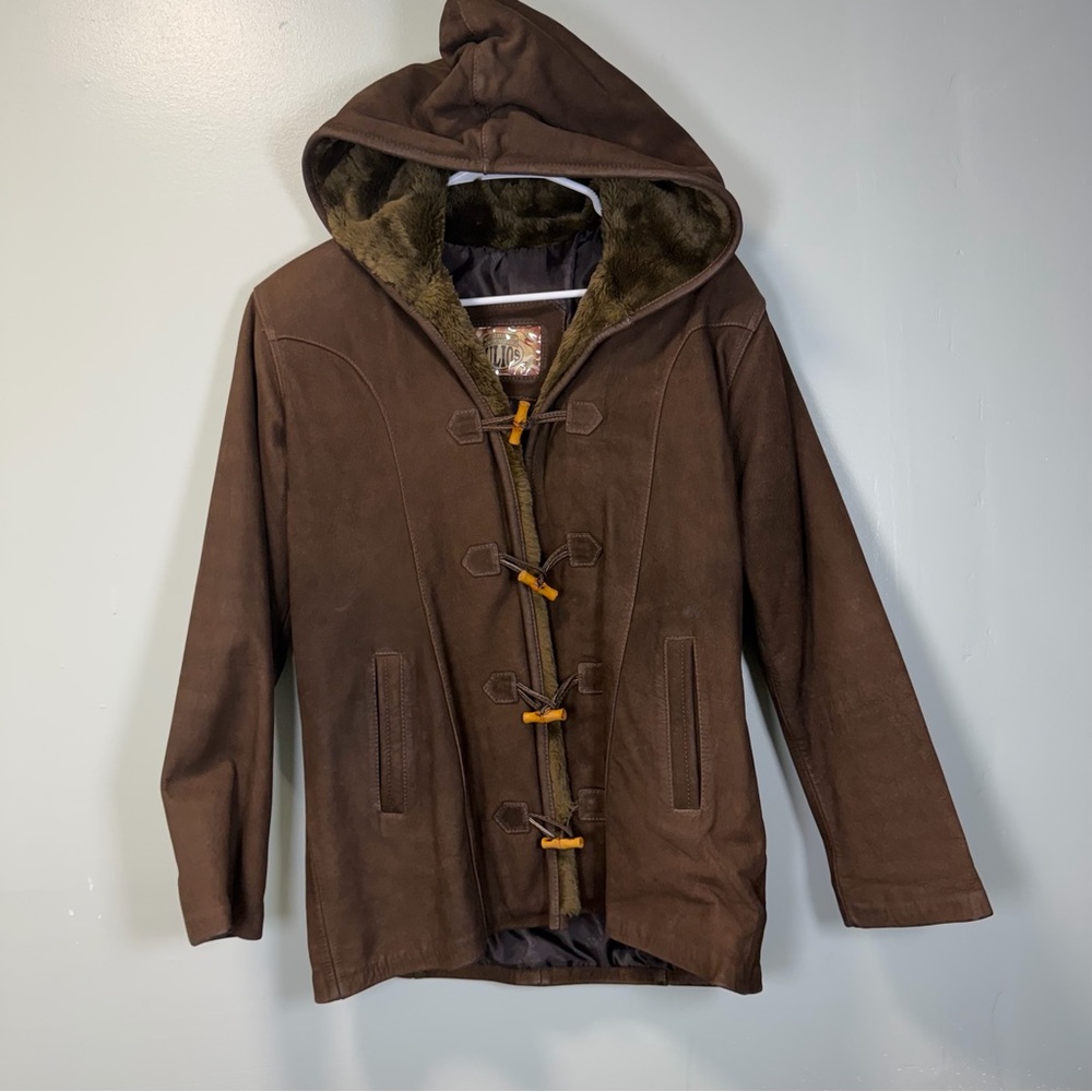 Vintage Y2K Julios‎ Brown Suede Hooded Faux Fur Trim Toggle Coat Small
